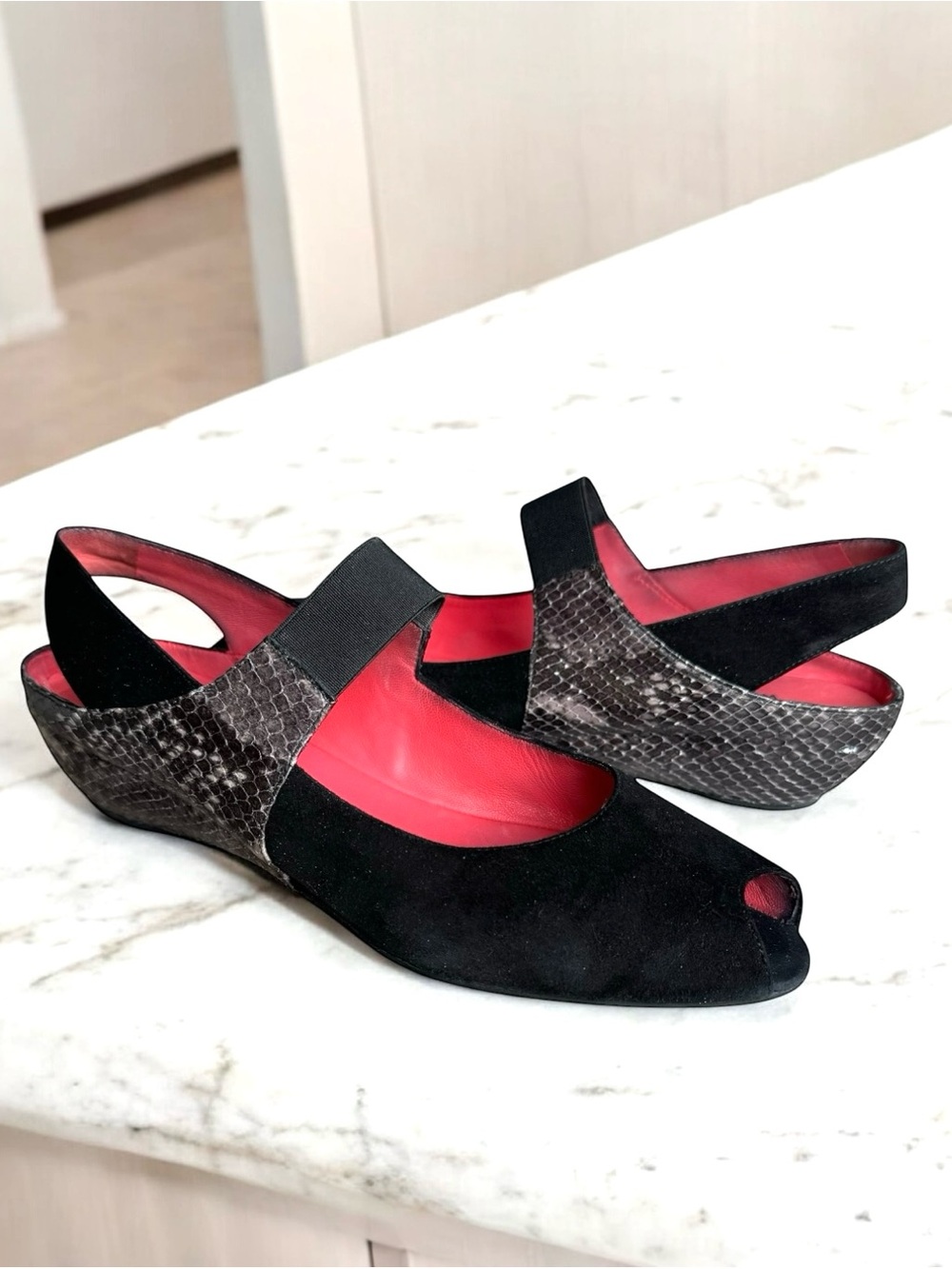 Pas de Rouge Silvia Black Suede Snakeskin Wedge Italian Sandal